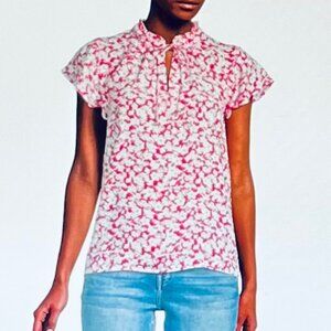 Bobeau Floral Print Tie Neck Flutter Sleeve Top in Fuchsia (M) New With Tag